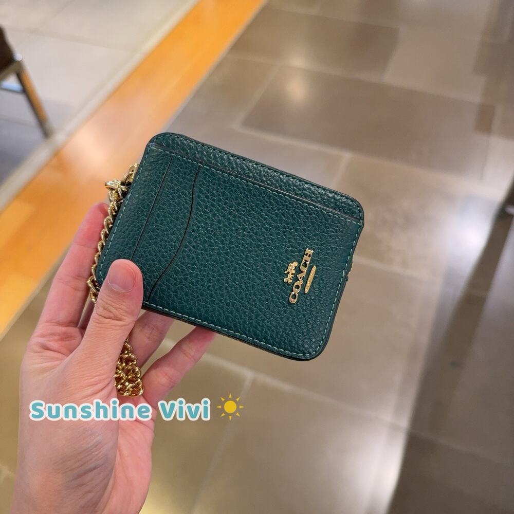 NWT Coach Zip Card Case 6303 Im/Emerald Refined pebble leather